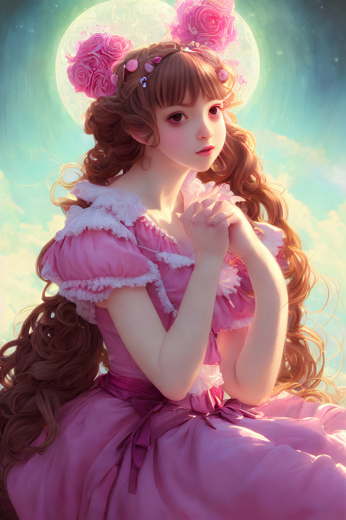 Illustrated woman in pink Victorian dress with halo and dreamlike background