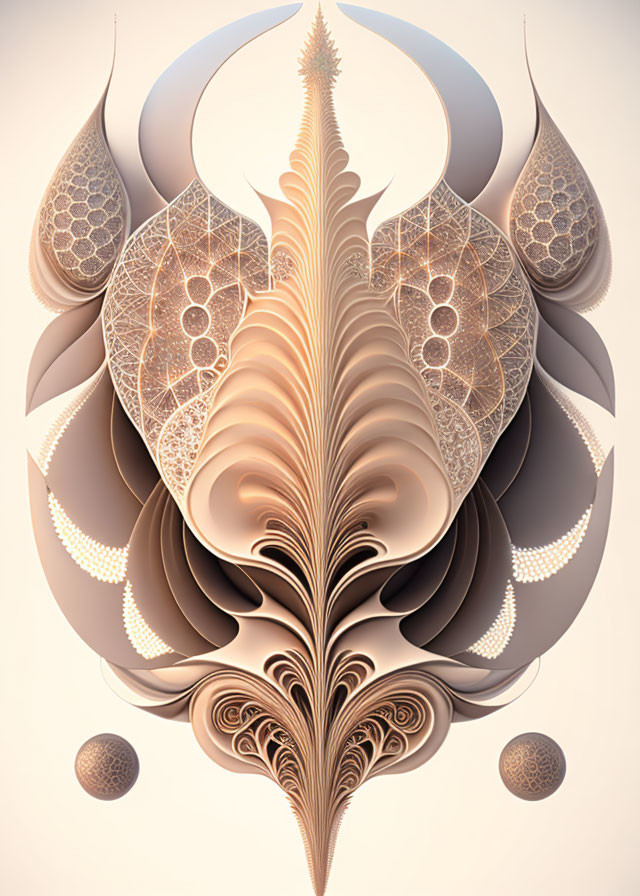 Symmetrical fractal feather design with spherical elements in warm tones