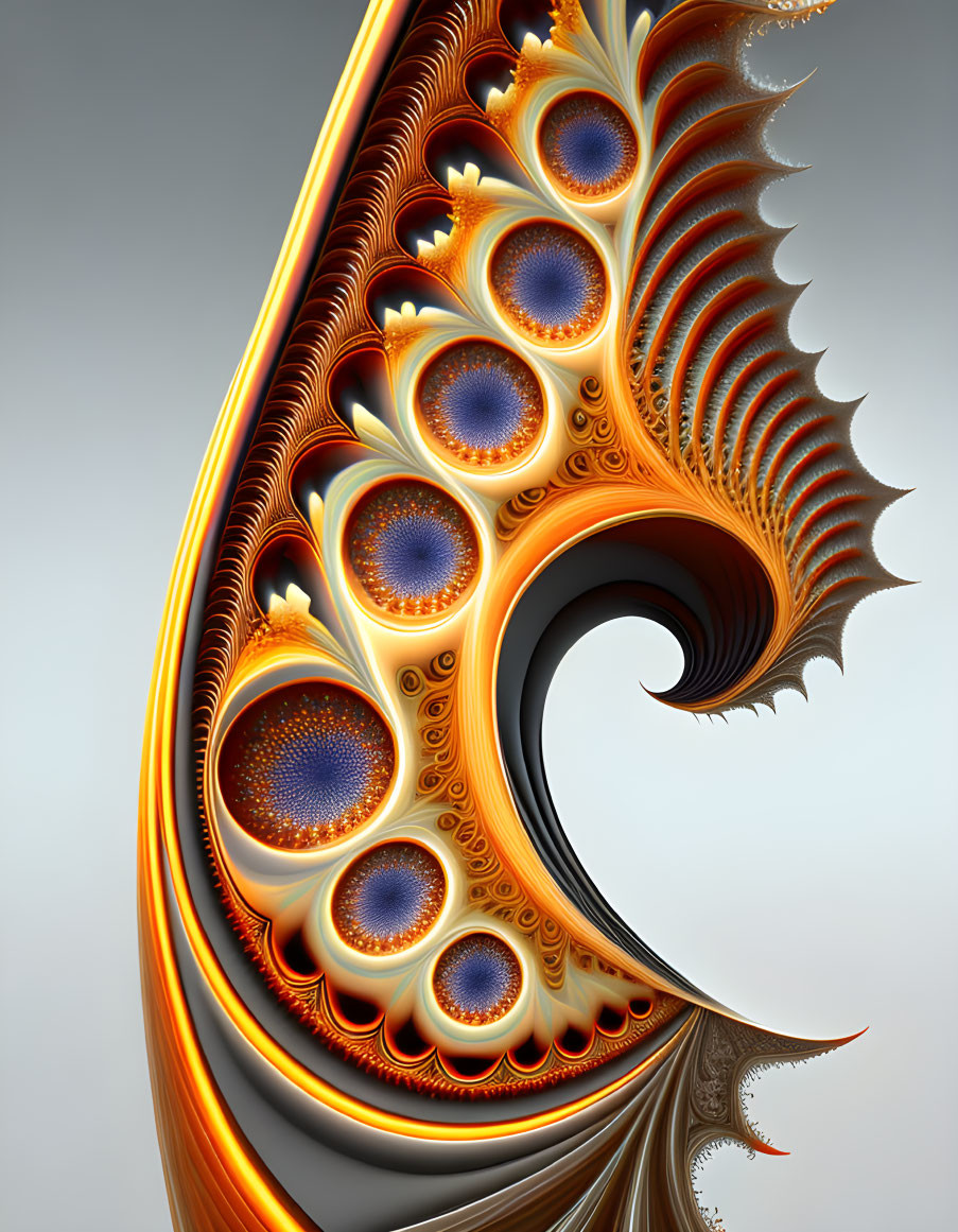 Intricate Feather-Like Fractal Art in Orange, Blue, and Brown Hues