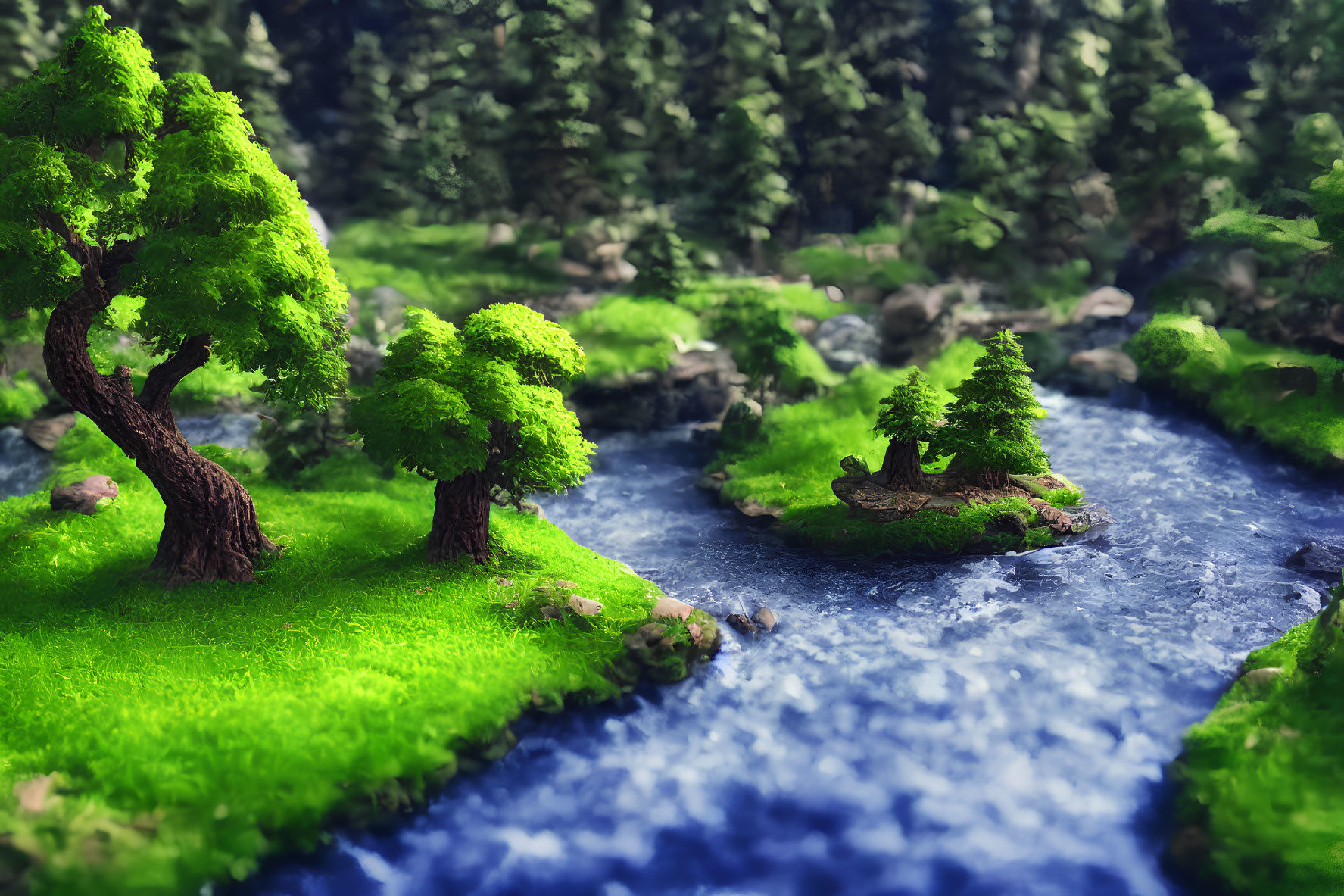 Vibrant green trees and flowing river in lush miniature landscape