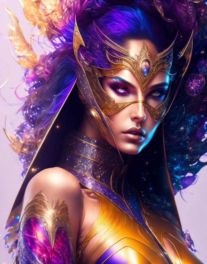 Fantasy female figure in golden mask and armor amidst purple and golden hues.