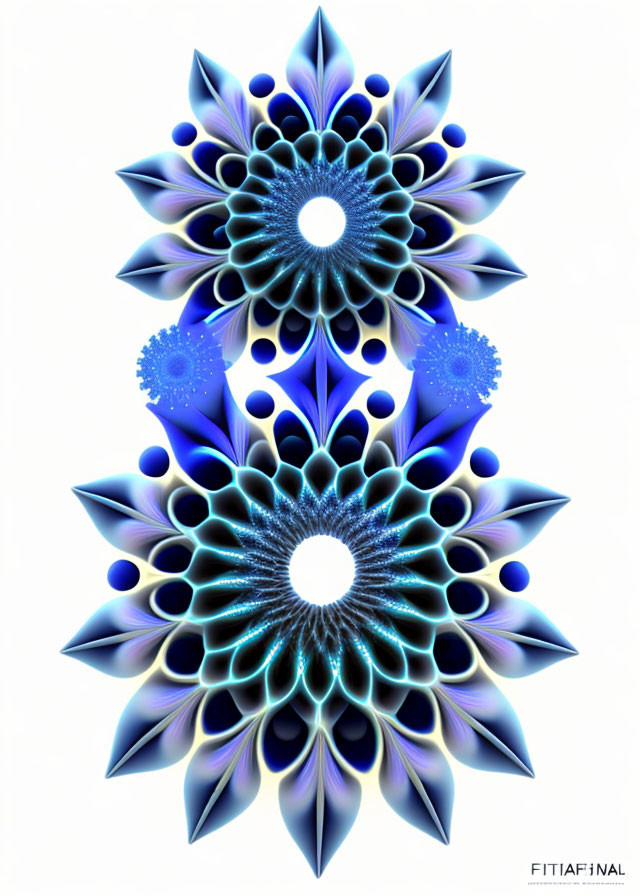 Symmetrical blue and white fractal art with mandala design