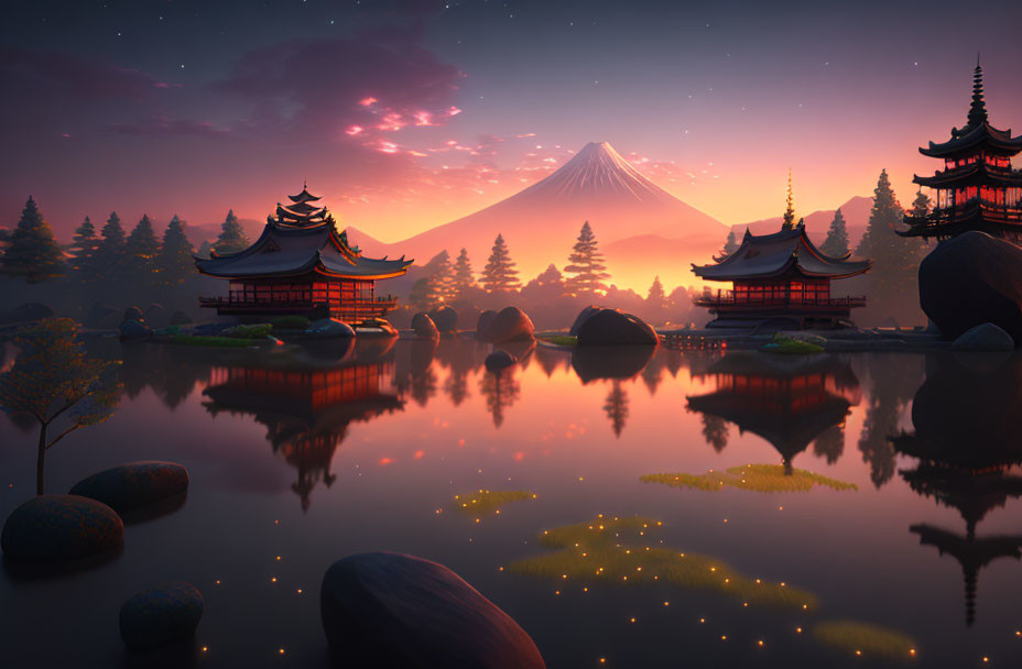 Japanese Temples by Lake with Mount Fuji Reflection at Dusk