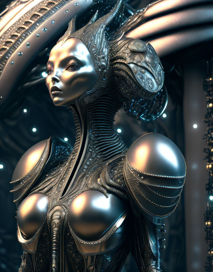 Futuristic humanoid feminine robot with intricate metallic detailing