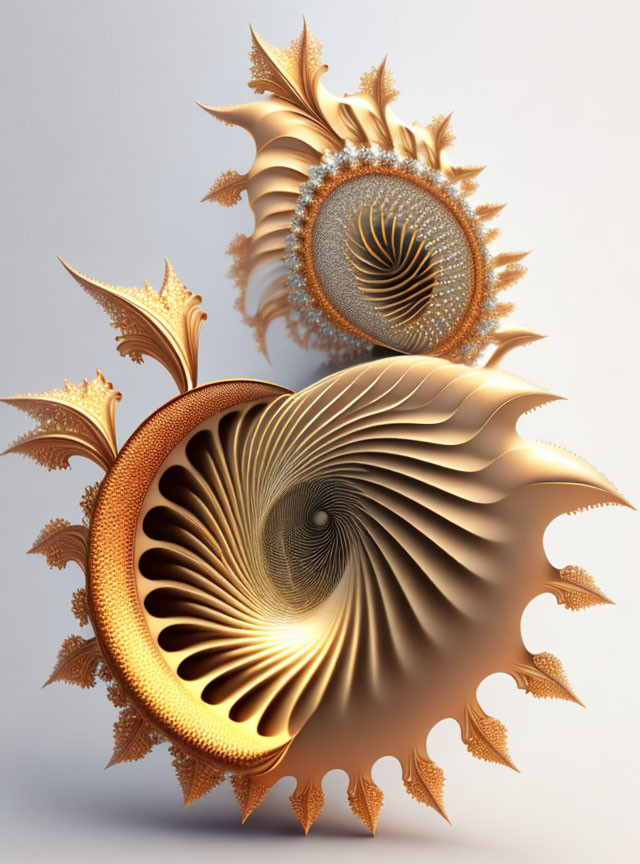 Intricate golden fractal sculptures with spiral designs and elaborate textures