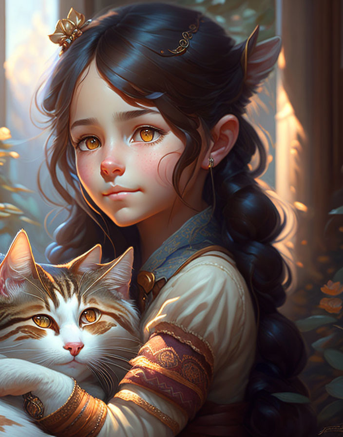 Young girl with brown eyes holding tabby cat in leafy setting