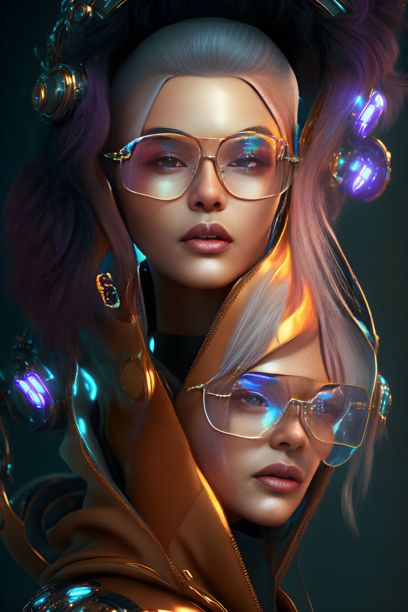 Futuristic digital portrait of a woman with glowing orbs and mechanical elements