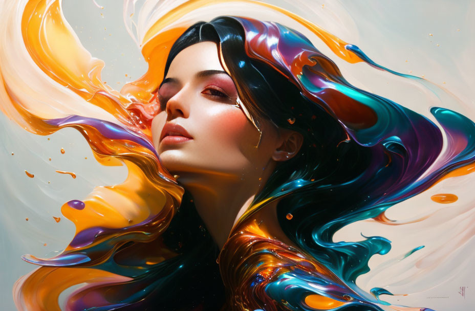 Vibrant surreal portrait of a woman with flowing rainbow hair