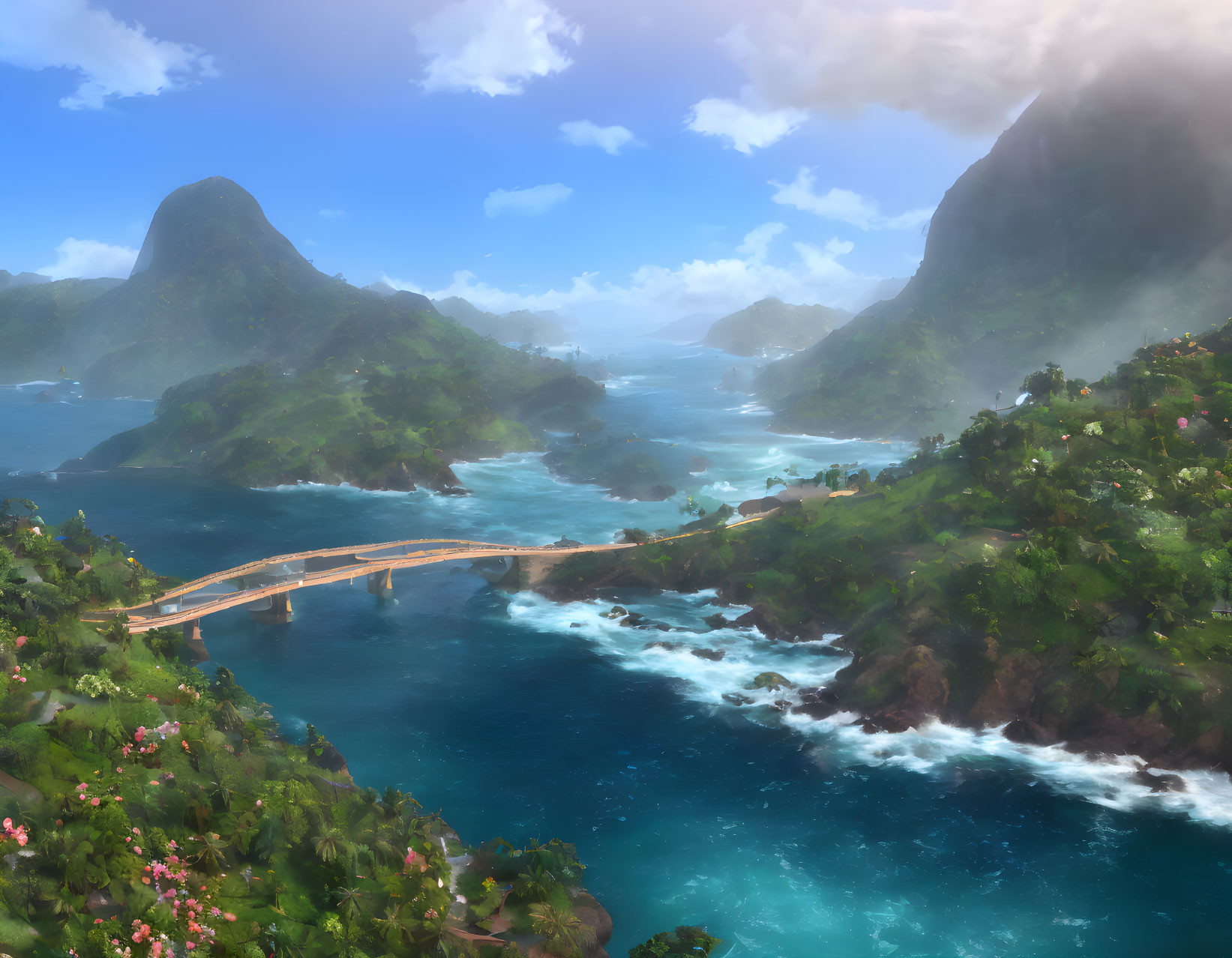 Serene tropical archipelago with wooden bridge over clear blue waters