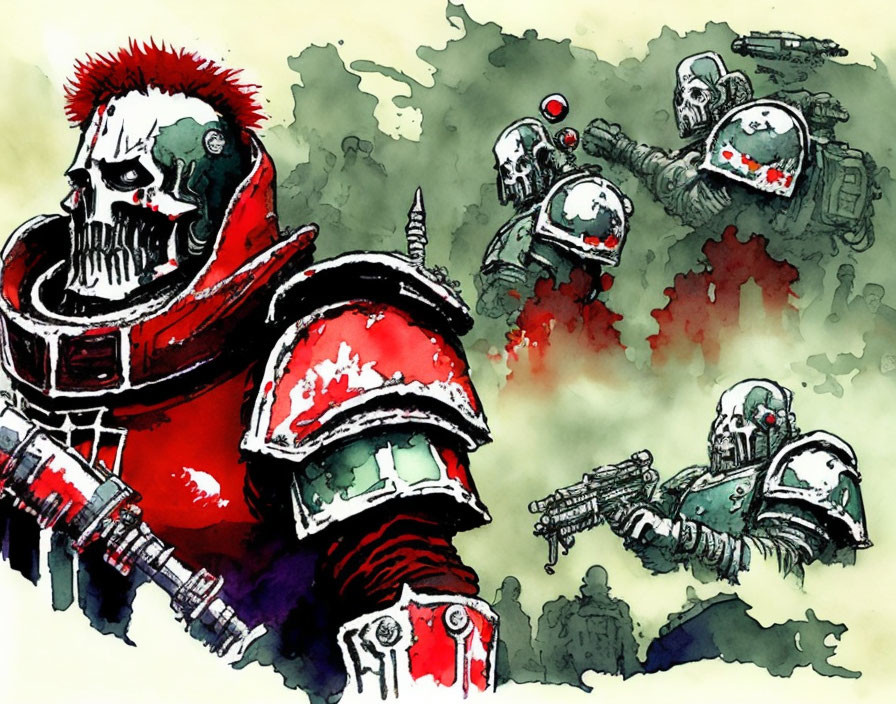 Armored characters with helmets and weapons in gritty comic style, green and red palette