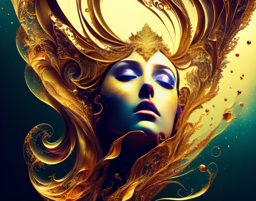 Elaborate golden headdress on woman in surreal portrait