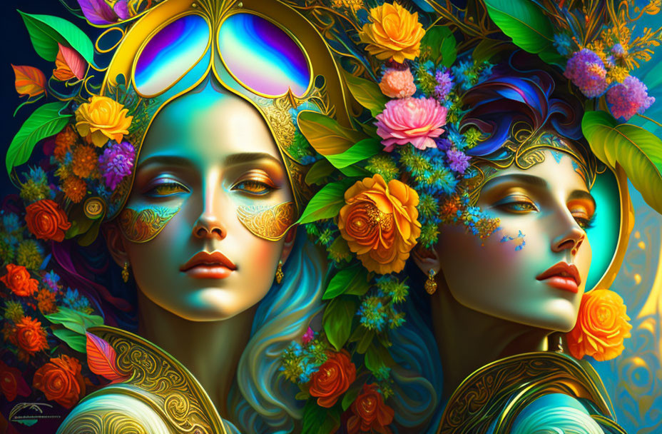 Colorful digital artwork: Two women with flowers and gold on teal background