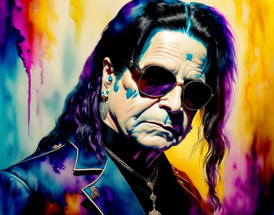 Person with Long Dark Hair in Blue Suit and Sunglasses on Colorful Background