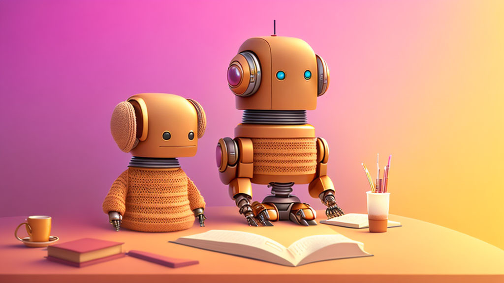 Two humanoid robots in knit sweaters at desk with book and stationery