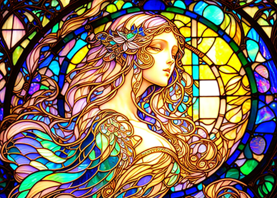 Stained glass art: Woman with flowing hair in Art Nouveau style