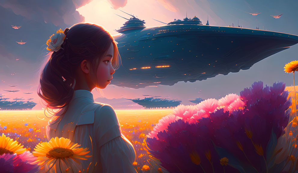 Girl admires futuristic spaceship over vibrant flower field