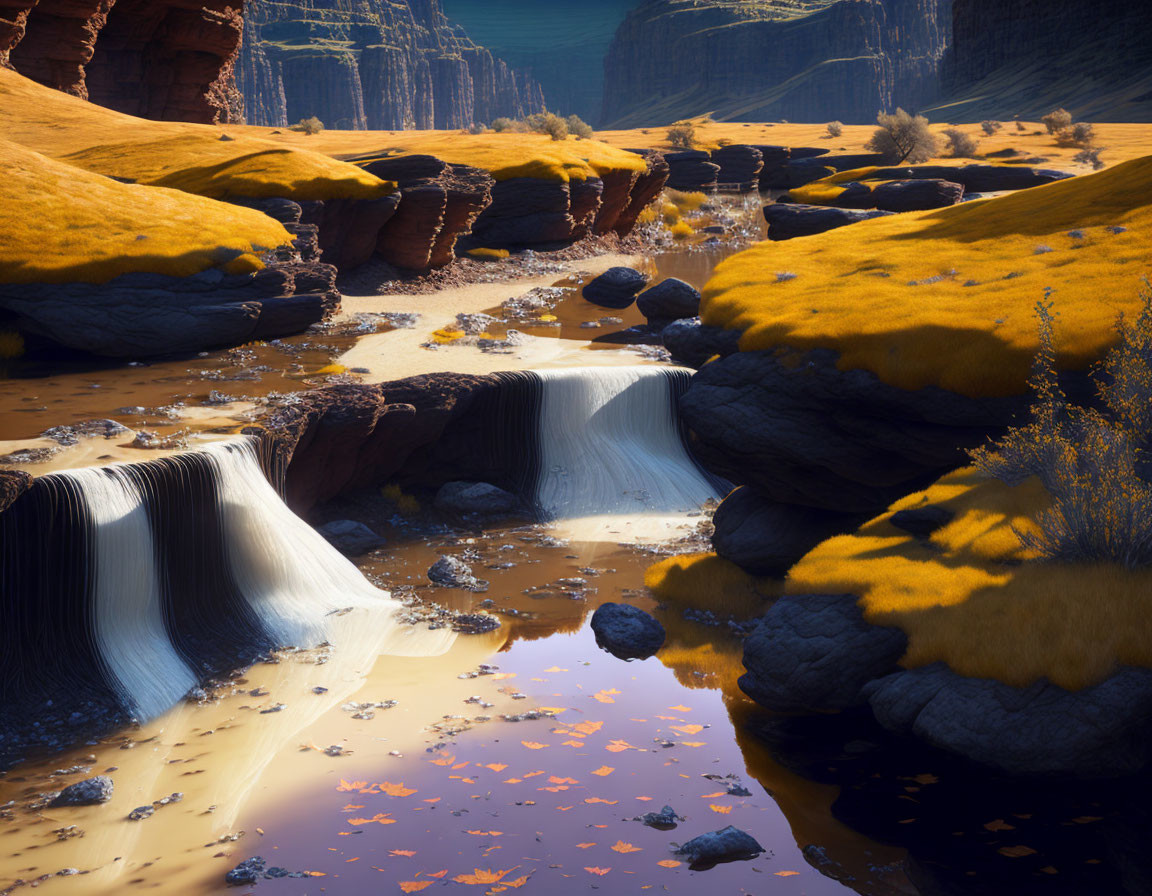 Tranquil waterfall in mossy canyon with autumn leaves under golden light