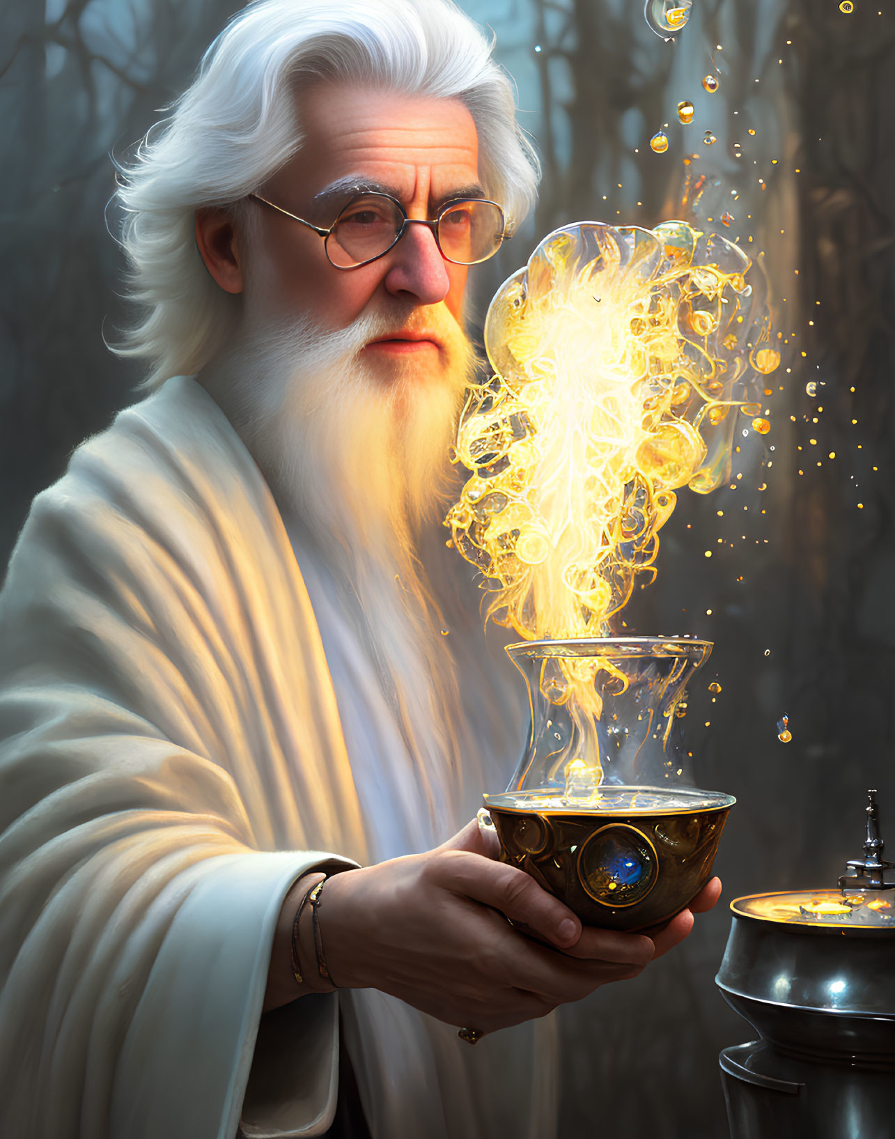 Elderly wizard conjures magical substance in mystical forest