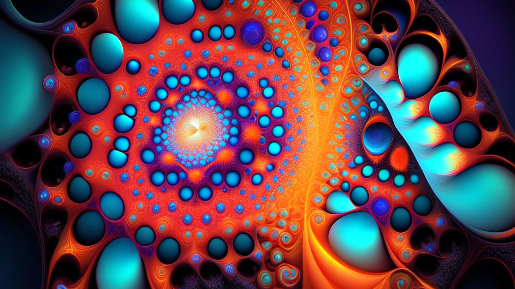 Colorful Fractal Pattern with Orange and Blue Spheres and Spirals