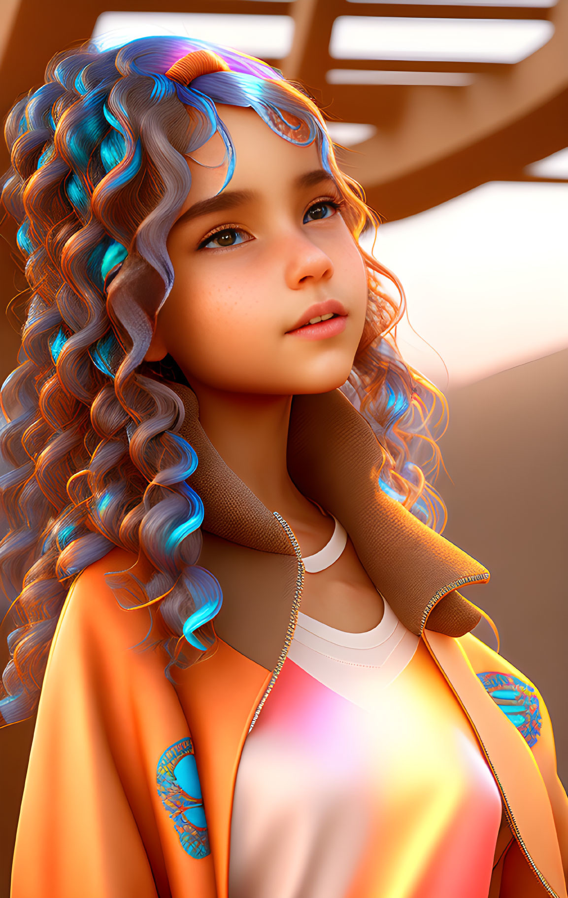 Digital artwork: Girl with blue & purple curly hair in peach hoodie with teal accents, gazing aside