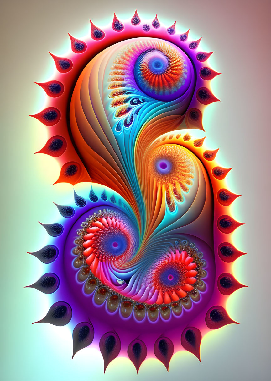 Colorful Abstract Digital Art: Swirling Feather-Like Patterns in Red, Blue, Orange, Purple