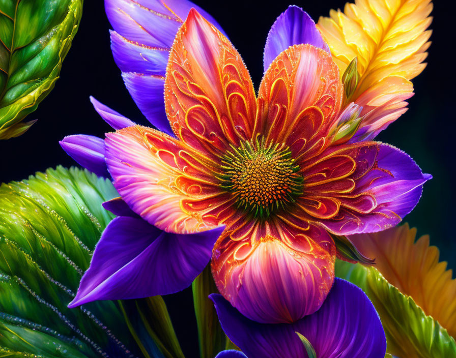 Colorful Flower with Intricate Patterns Surrounded by Lush Leaves