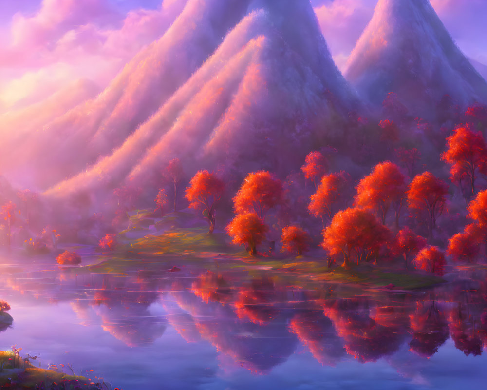 Tranquil sunrise landscape with orange trees, calm lake, and misty mountains.