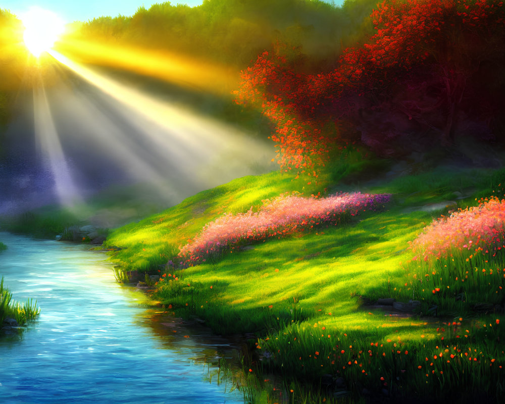 Scenic landscape with sunbeams, trees, meadow, and stream