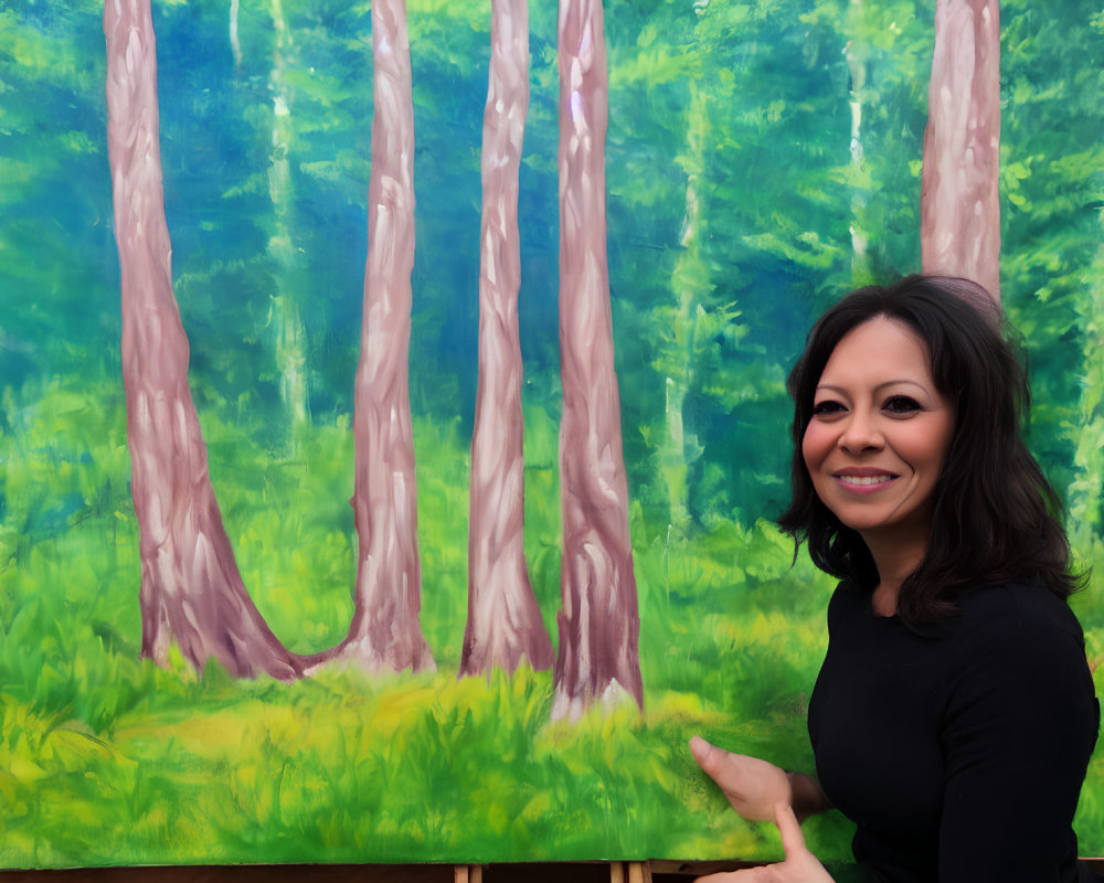 Dark-haired woman in black top smiles in front of vibrant green forest painting