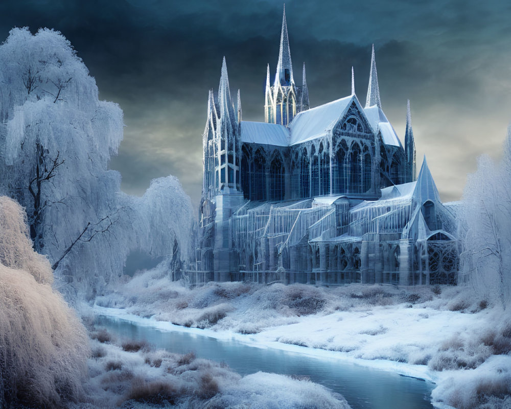 Gothic cathedral in frost-covered landscape with stream and snowy trees