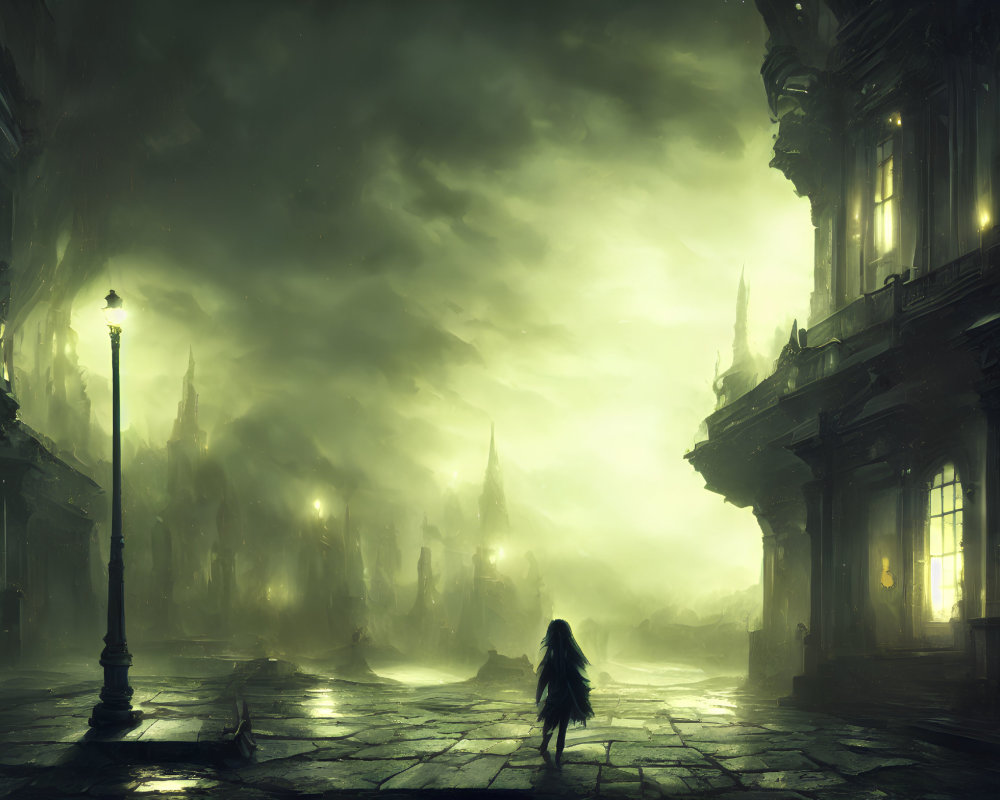 Lone figure on dimly lit cobblestone street with Gothic architecture under stormy sky