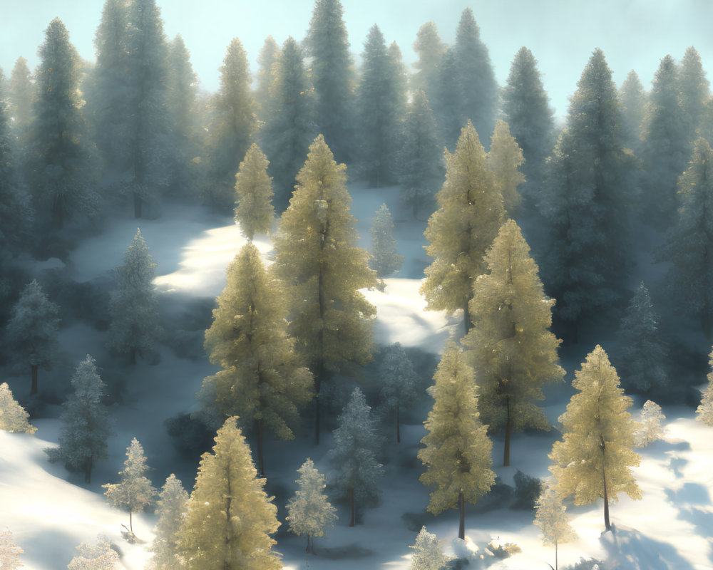 Snow-covered Winter Forest with Evergreen Trees in Soft Sunlight