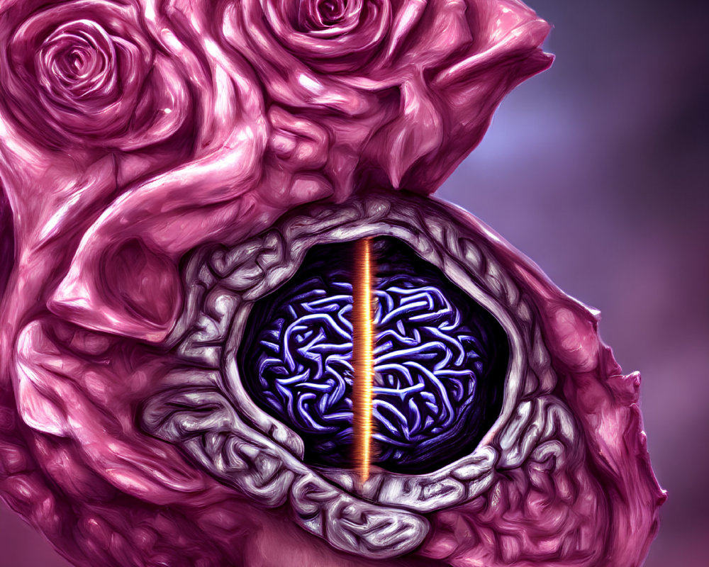 Surreal digital artwork: brain in eye with stone-like rose petals on purple background