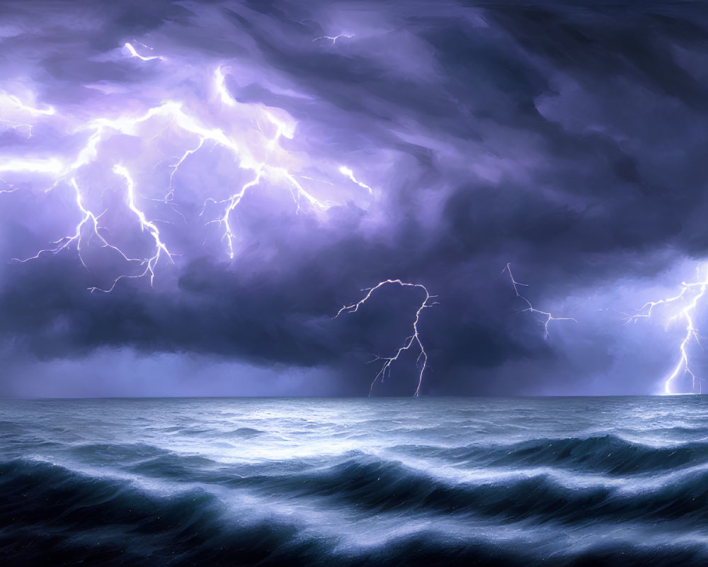 Nighttime Seascape with Lightning Strikes and Stormy Ocean Waves