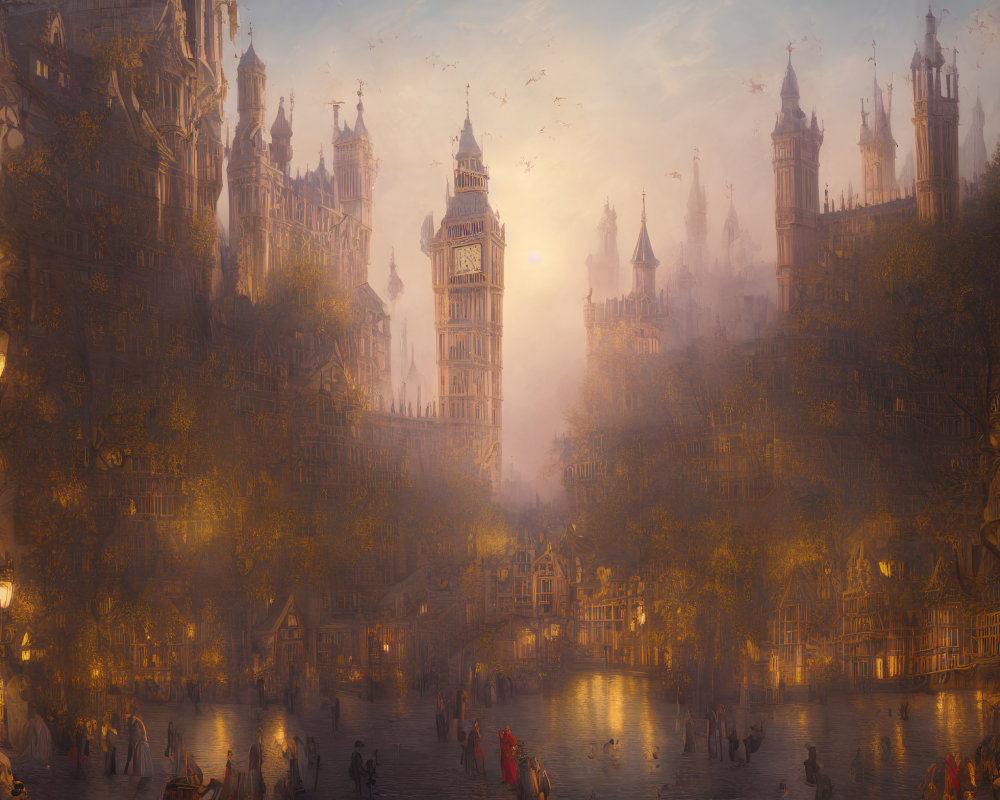 Gothic architecture in fantasy cityscape with warm golden lighting