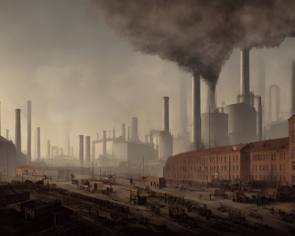 Industrial landscape with smokestacks and hazy sky in city scene.