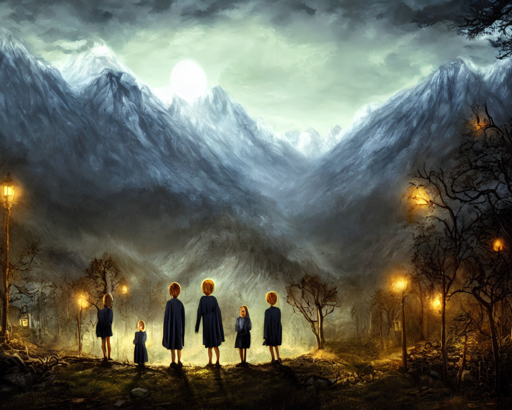 Children under full moon in mystical mountain landscape.