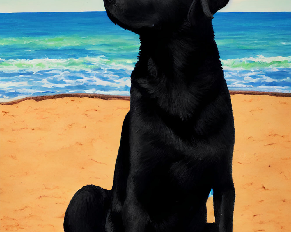 Black Dog on Sandy Beach with Ocean Background