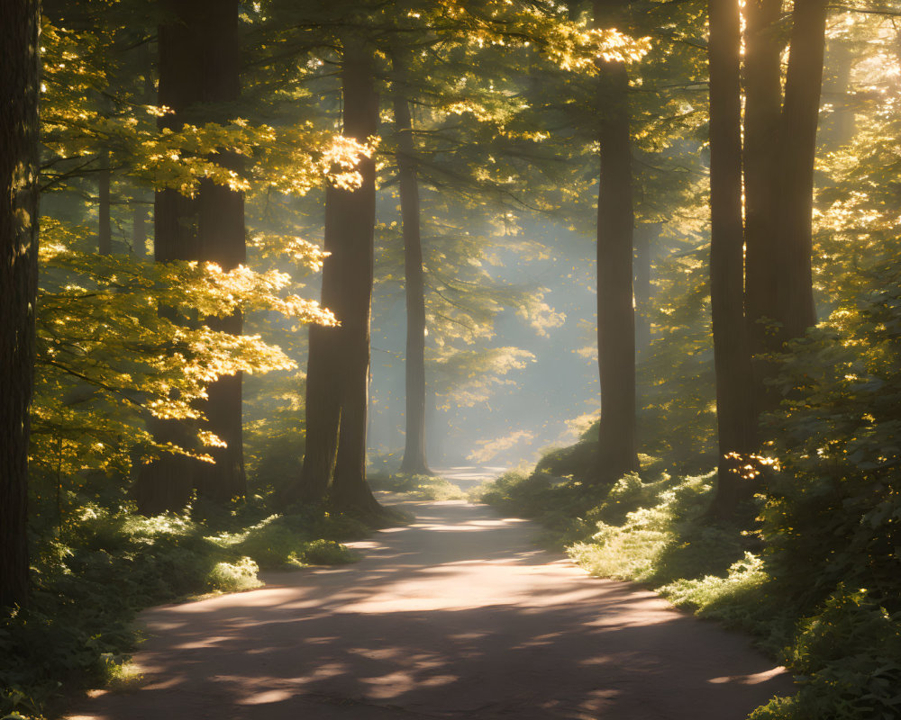 Sunlit Forest Path with Tall Trees and Shadows