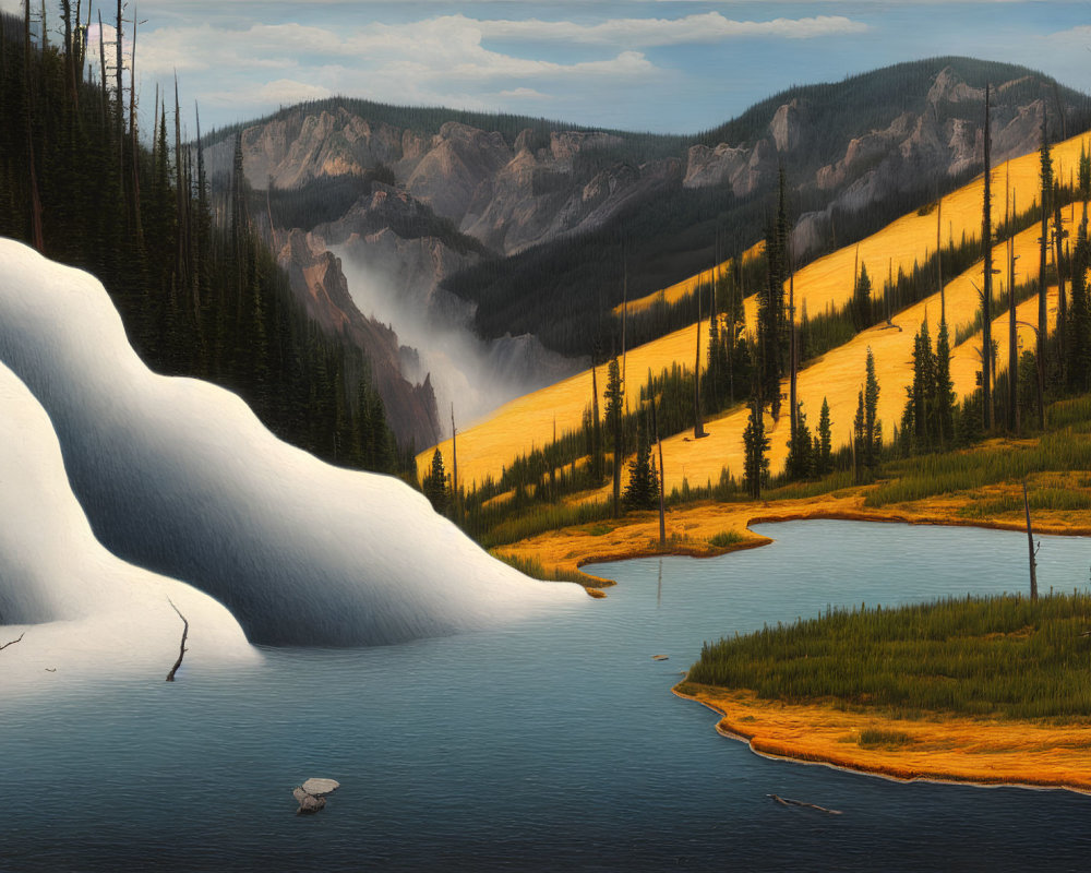 Snowy mountain landscape with river, evergreen trees, and yellow grass under hazy sky