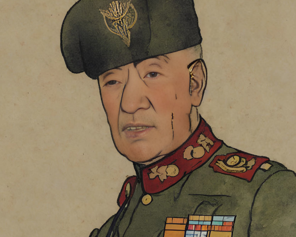 Military man illustration with medals and beret on beige background