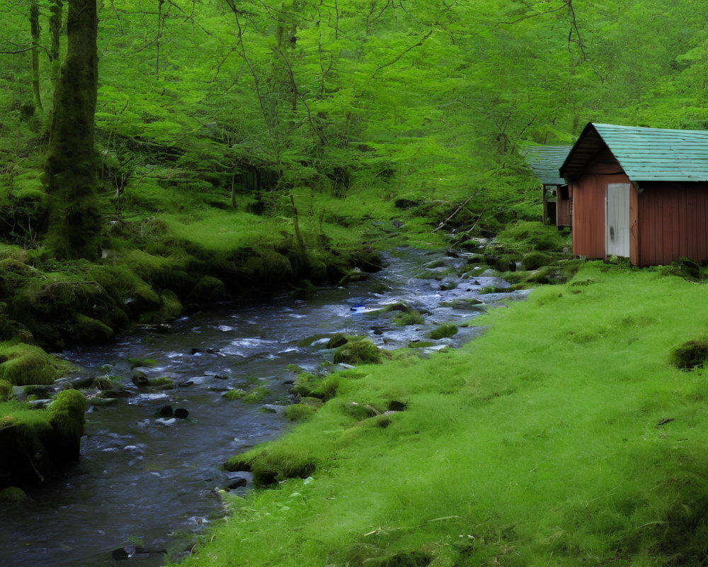 Tranquil forest scene with green canopy, stream, moss-covered rocks, and wooden cabin.