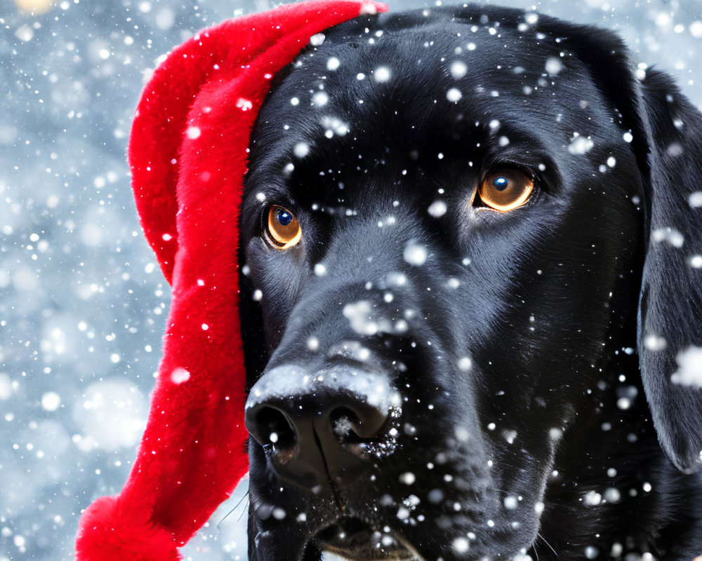 Black Dog in Santa Hat with Falling Snowflakes