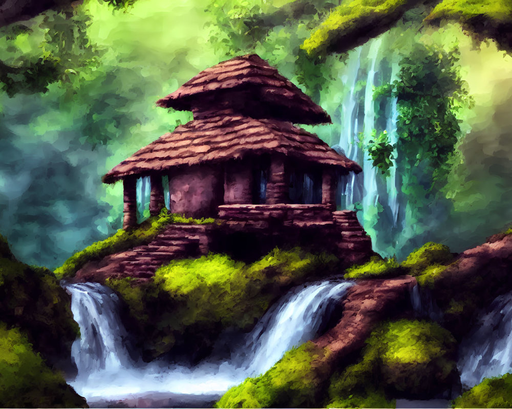 Tranquil digital painting of thatched hut on waterfall