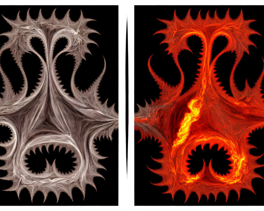 Symmetrical fractal art: silver and red-orange spine-like structures on black