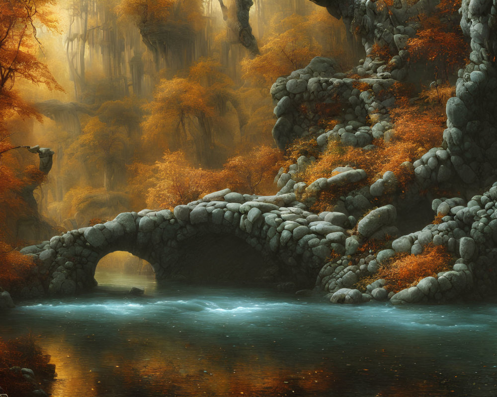 Enchanted autumnal forest with serene river and ancient stone bridge