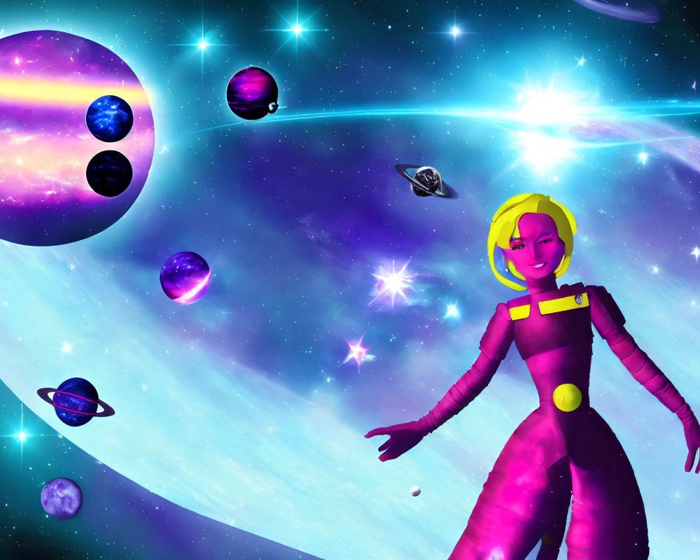 Female Figure in Pink and Yellow Space Suit Floating in Cosmic Scene