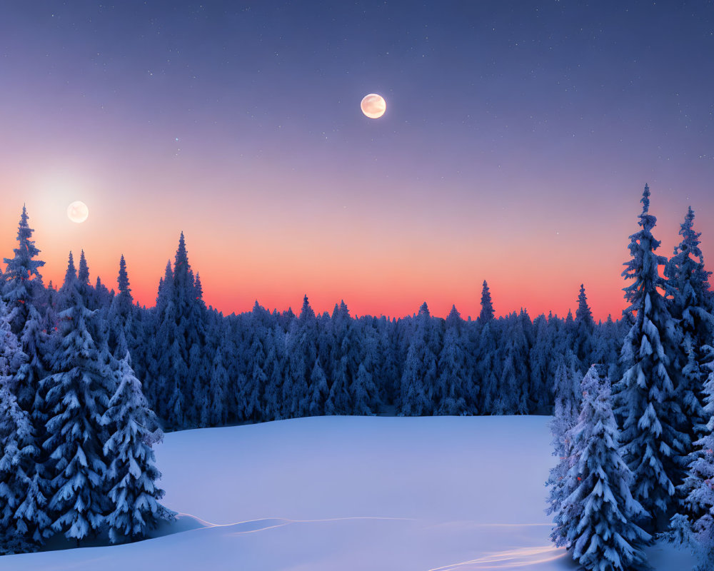 Snow-covered trees in serene winter dusk with moon and stars.