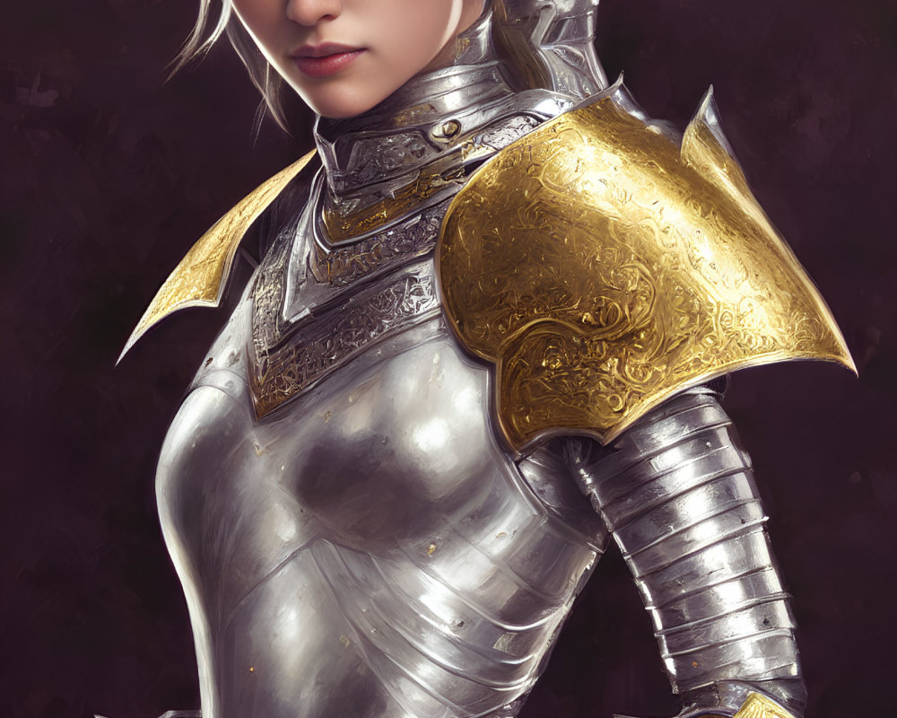 Female knight in silver and gold armor with helmet and determined expression