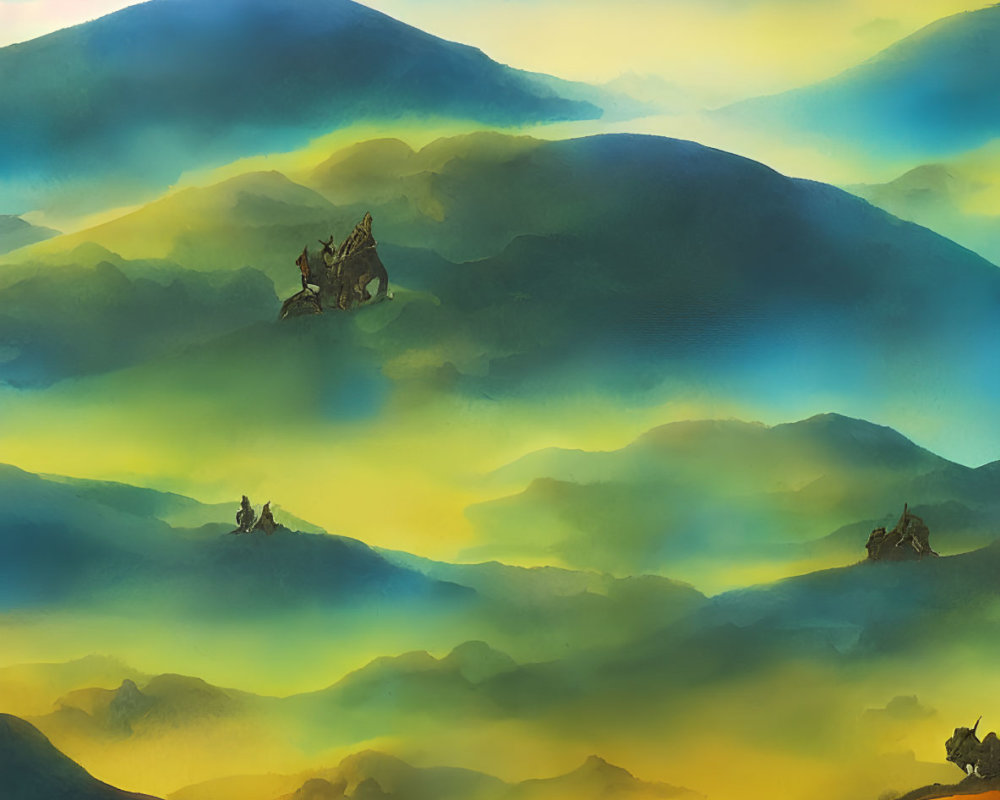 Colorful surreal landscape with layered hills and small figures under vibrant sky